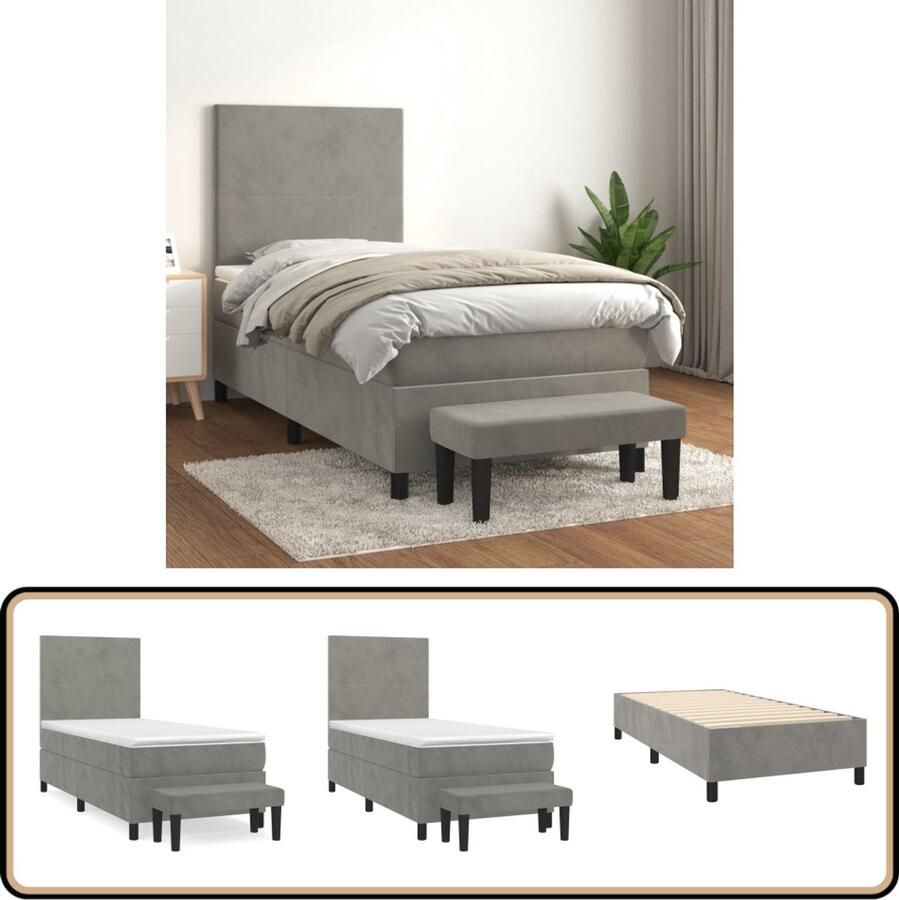 VidaXL Boxspring met matras Fluweel 100x200 cm Boxspringbed Fluweel Bed Pocketveer Matras Middenhard Matras Grijs Bed Tweepersoons Bed Boxspring Set