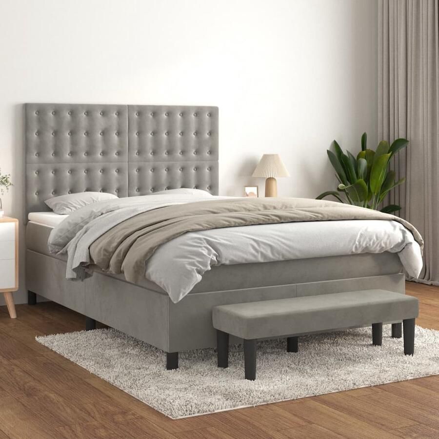 VidaXL Boxspring met matras Fluweel 140x200 cm Boxspringbed Velvet Bed Tweepersoons Bed Grijs Bed King Size Bed Hoofdbord Pocketed Spring Mattress Middenhard - Foto 2