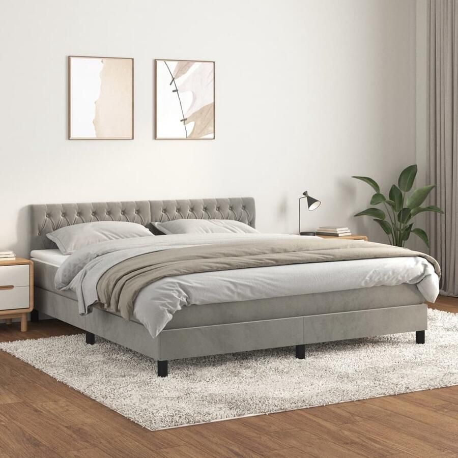 VidaXL Boxspring met matras Fluweel 180x200 cm Boxspringbed Boxspring Tweepersoonsbed Fluweel Bed Grijs Bed Adjustable Headboard Pocketveer Matras Middelhard Matras Luxe Bed - Foto 2