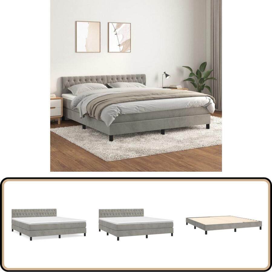 VidaXL Boxspring met matras Fluweel 180x200 cm Boxspringbed Boxspring Tweepersoonsbed Fluweel Bed Grijs Bed Adjustable Headboard Pocketveer Matras Middelhard Matras Luxe Bed