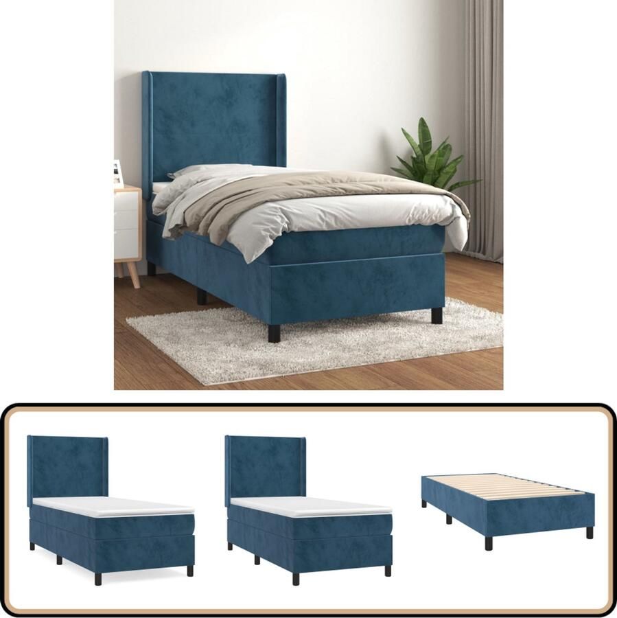 VidaXL Boxspring Fluweel Donkerblauw 90x190 cm Boxspringbed Fluweel Bed Velvet Bed Donkere Blauwe Bed Tweepersoons Bed Pocketed Spring Mattress Middelhard Matras Hoofdbord Boxspring