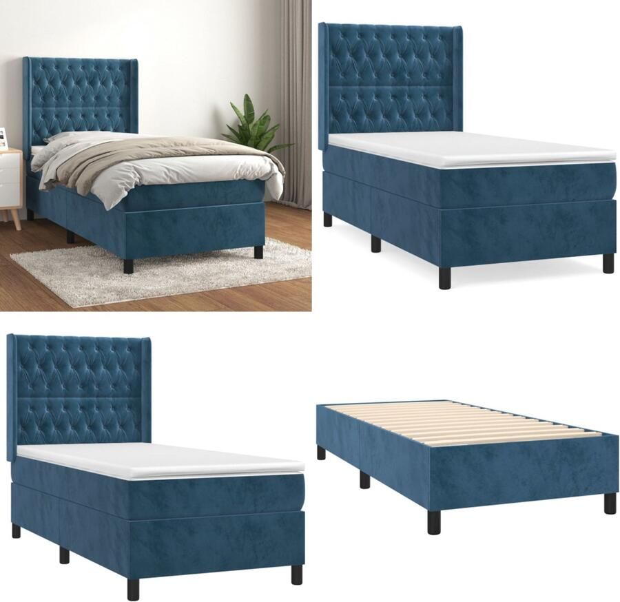 VidaXL Boxspring met matras fluweel donkerblauw 100x200 cm Boxspring Boxsprings Bed Slaapmeubel