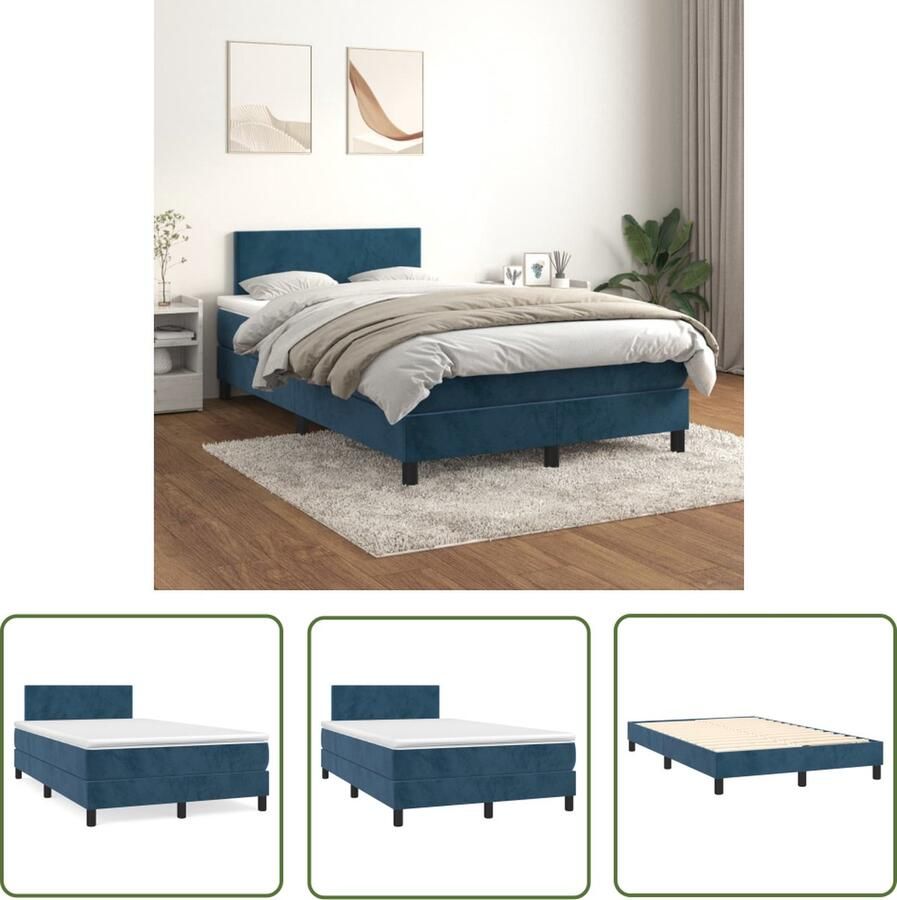 The Living Store Boxspringbed Donkerblauw 203 x 120 x 118 128 cm Zacht fluweel Praktisch hoofdbord Pocketvering matras Middelharde ondersteuning Huidvriendelijk topmatras - Foto 2