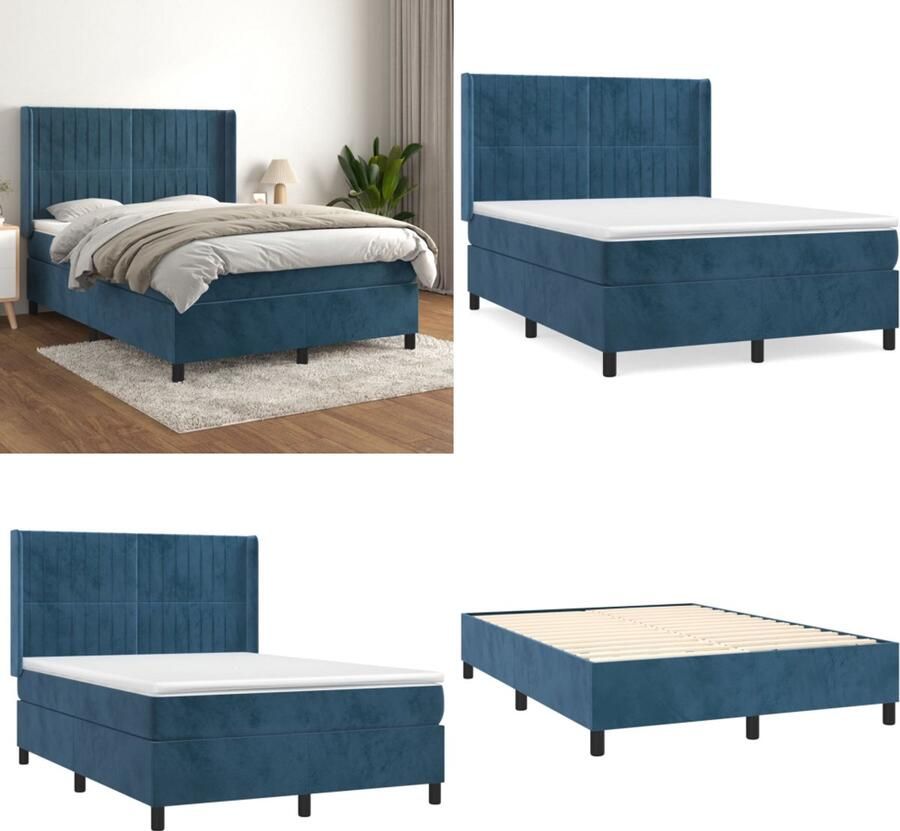 VidaXL Boxspring met matras fluweel donkerblauw 140x200 cm Boxspring Boxsprings Bed Slaapmeubel