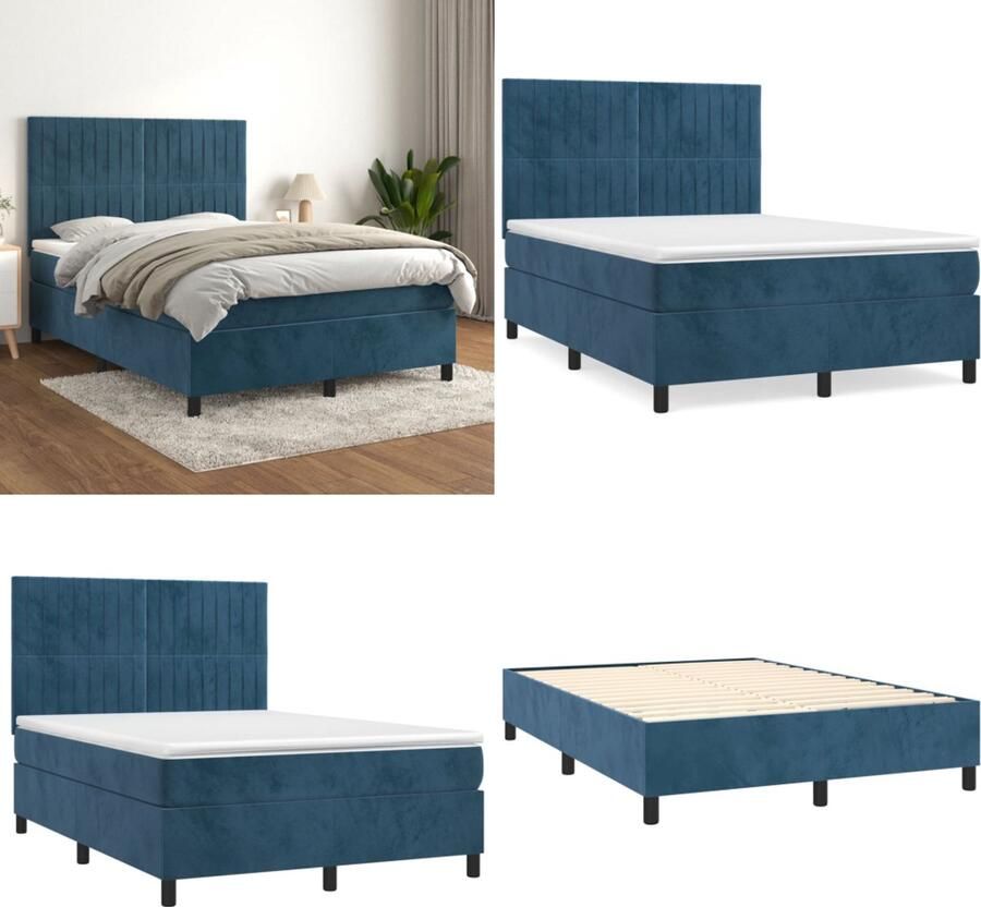 VidaXL Boxspring met matras fluweel donkerblauw 140x190 cm Boxspring Boxsprings Bed Slaapmeubel