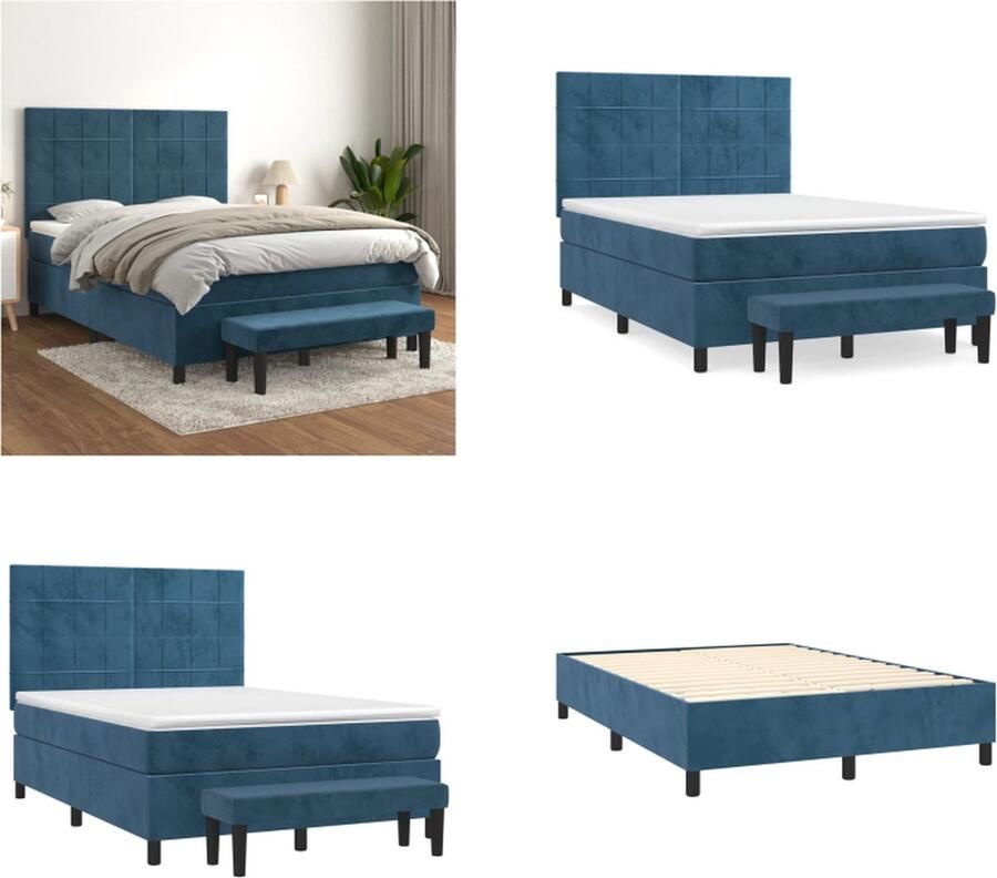 VidaXL Boxspring met matras fluweel donkerblauw 140x190 cm Boxspring Boxsprings Pocketveringbed Bed