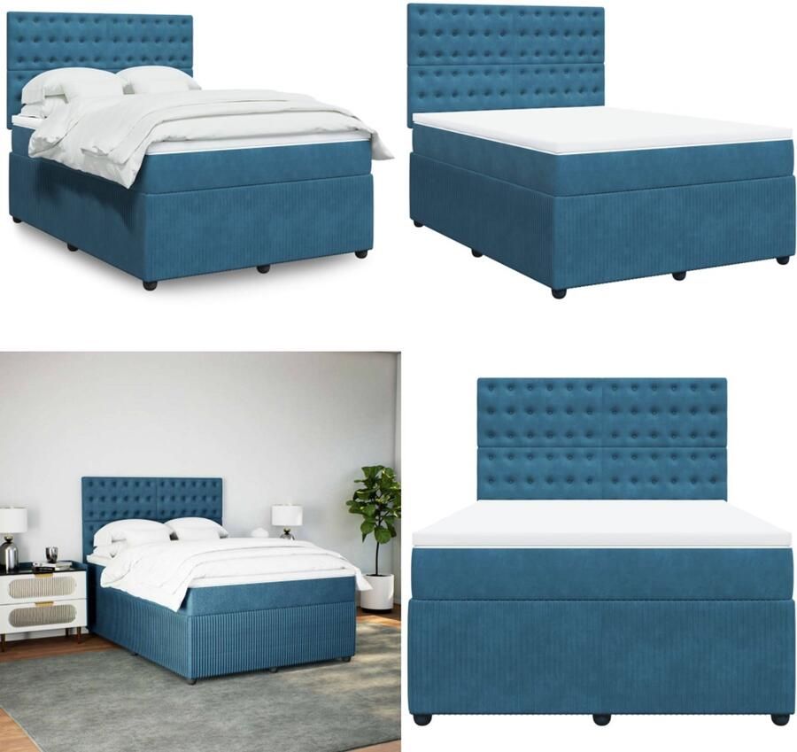 VidaXL Boxspring met matras fluweel donkerblauw 140x190 cm Boxspringbed Boxspringbedden Boxspring Bed
