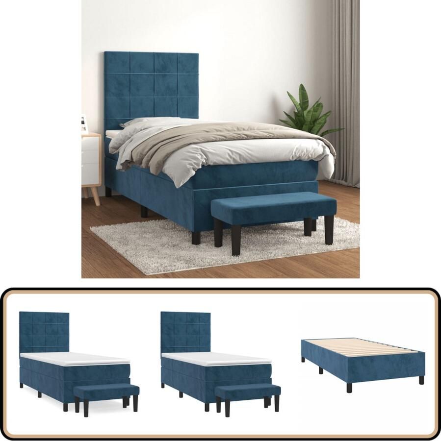 VidaXL Boxspring met matras Fluweel Donkerblauw Boxspringbed Tweepersoonsbed Donkere Kleuren Velvet Bed Verstelbare Hoofdbord