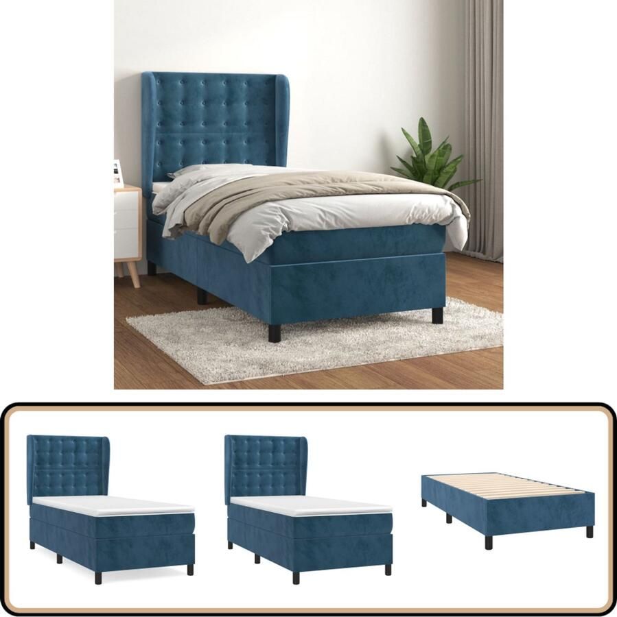 VidaXL Boxspring met matras Fluweel Donkerblauw Boxspringbed Velvet Bed Dark Blue Bed Tweepersoonsbed Pocketveer Matras