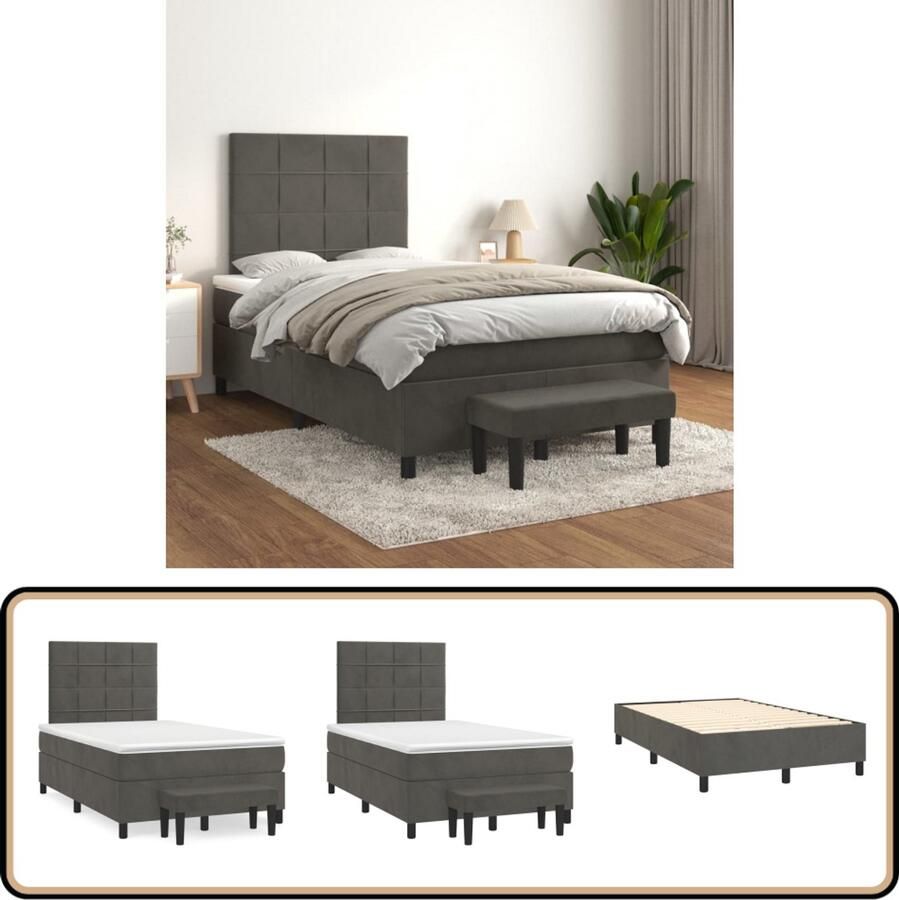VidaXL Boxspring met matras Fluweel donkergrijs 120x200cm Boxspringbed Donkere Kleuren Tweepersoonsbed Velvet Adjustable Headboard Pocketveermatras Medium Hard Mattress Multifunctional Ottoman