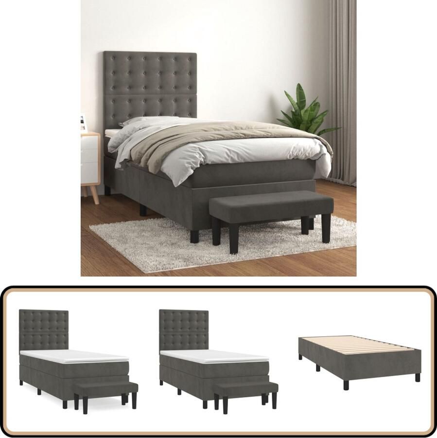 VidaXL Boxspring met matras Fluweel Donkergrijs Boxspringbed Donker Grijs Bed Fluweel Bed Adjustable Headboard Pocketveer Matras Medium Firm Mattress Huidgevriendelijk Topmatras Multifunctionele Bank