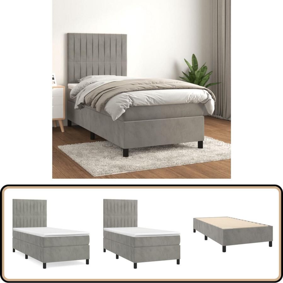 VidaXL Boxspring met matras Fluweel Lichtgrijs 100x200 cm Boxspringbed Boxsprings Tweepersoonsbed Slaapcomfort Velvet Bed Luxe Bed Pocketed Spring Mattress Middenhard Matras