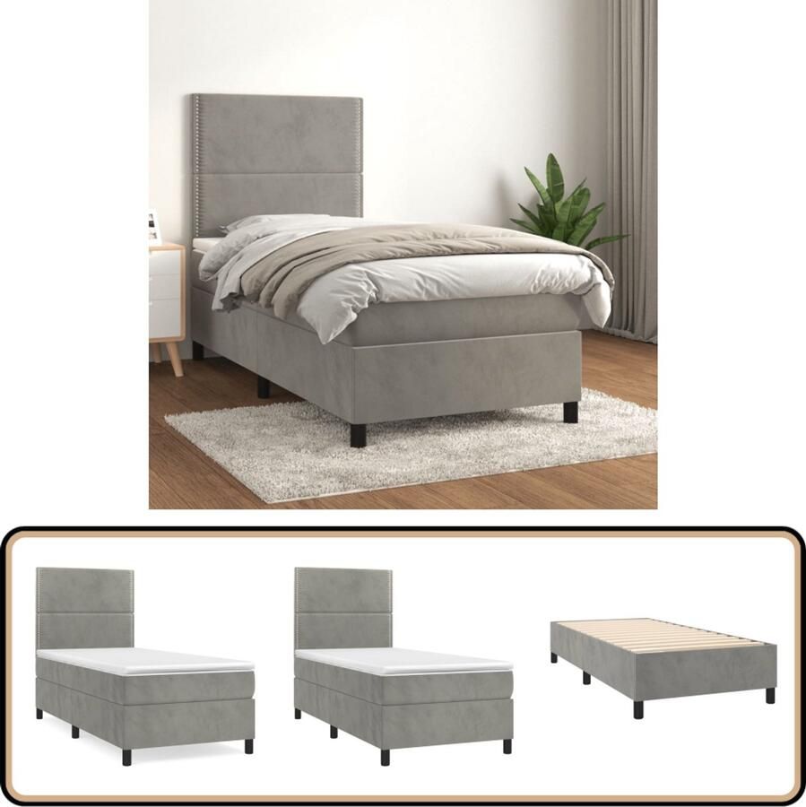VidaXL Boxspring met matras Fluweel lichtgrijs 90x190 Boxspringbed Fluweel Bed Verstelbare Hoofdbord Pocketvering Matras Middelhard Matras Grijs Bed
