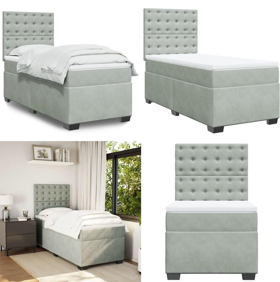 VidaXL Boxspring met matras fluweel lichtgrijs 90x200 cm Boxspringbed Boxspringbedden Boxspring Bed