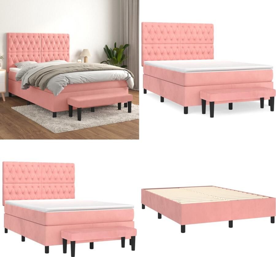 VidaXL Boxspring met matras fluweel roze 140x200 cm Boxspring Boxsprings Pocketveringbed Bed