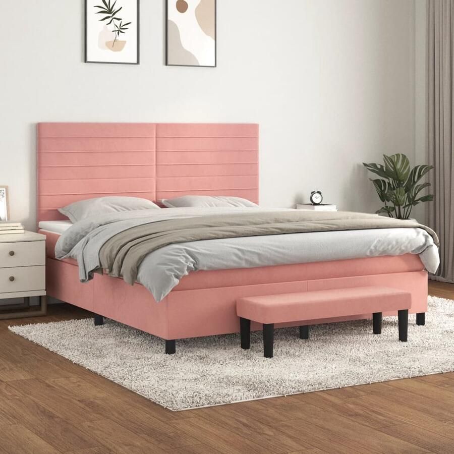 VidaXL Boxspring met matras Fluweel Roze 180x200 cm Boxspringbed Rozenkleurig Velvet Verstelbare Hoofdbord Pocketveer Matras Middenhard Overtrekken Multifunctionele Bank - Foto 2