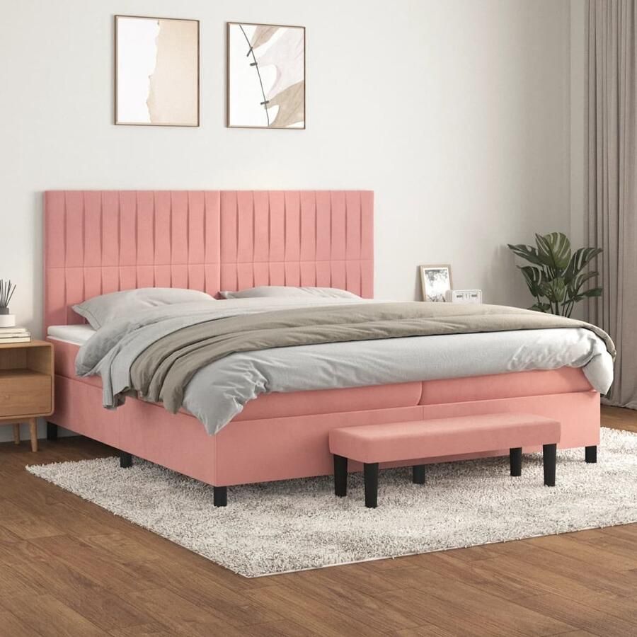 VidaXL Boxspring met matras Fluweel Roze 200x200 cm Boxspringbed Fluweel Bed Rooskleurig Bed Tweepersoons Bed Pocketed Spring Mattress Adjustable Headboard Bedroom Furniture - Foto 2