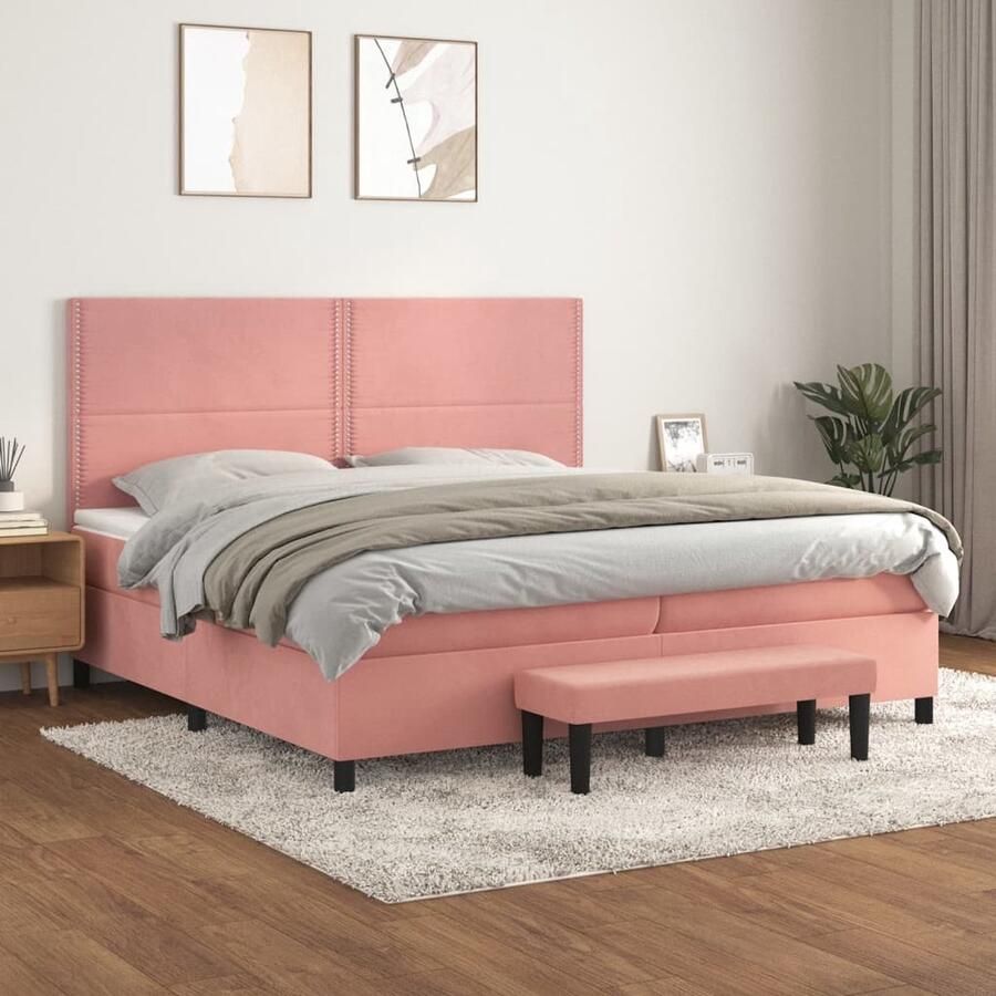 VidaXL Boxspring met matras Fluweel Roze 200x200 cm Boxspringbed Rozenkleurig Bed Velvet Bed Tweepersoonsbed Adjustable Headboard Pocketveer Matras Medium Hard Mattress Multifunctional Ottoman - Foto 2