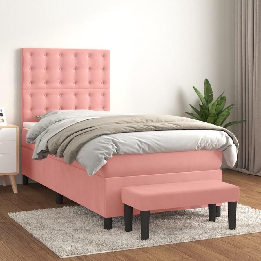 VidaXL Boxspring met matras Fluweel roze 90x200 cm Boxspringbed Fluweel Bed Rooskleurig Bed Tweepersoons Bed Verstelbare Hoofdbord Pocketveer Matras Middelhard Matras - Foto 2