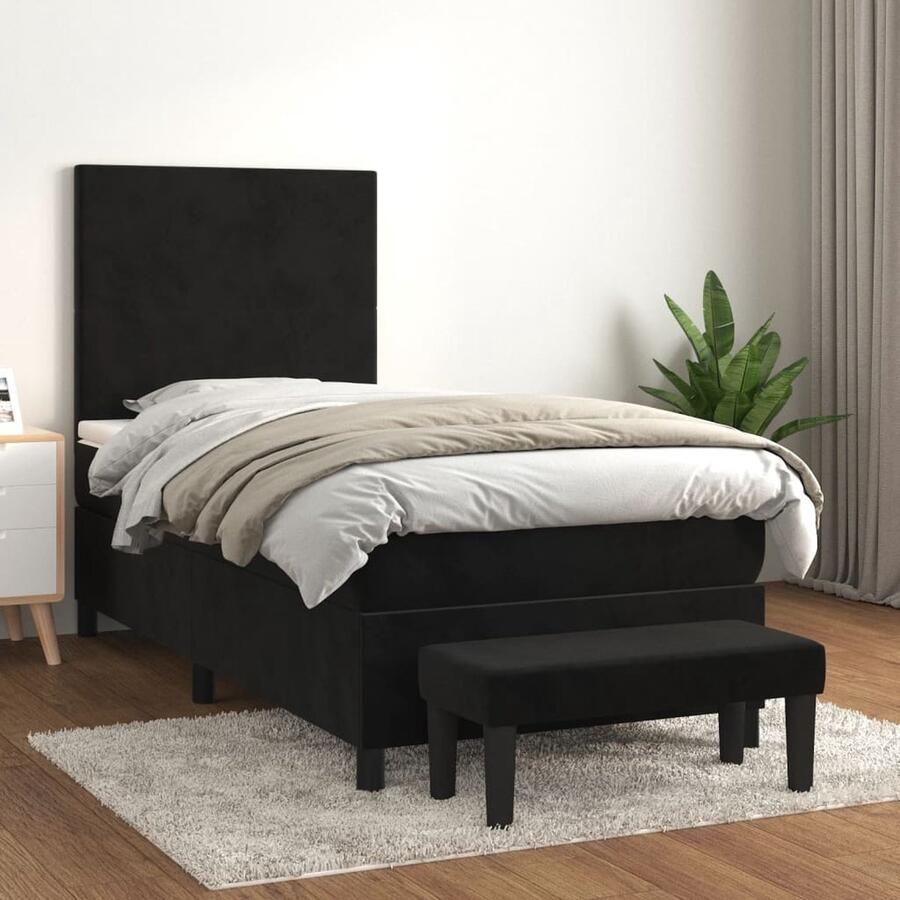 VidaXL Boxspring met matras Fluweel Zwart 100x200 cm Boxspringbed Boxsprings Velvet Bed Tweepersoonsbed Stapelbare Bedden Adjustable Headboard Pocketed Spring Mattress Medium Firm Mattress Multifunctional Ottoman - Foto 3