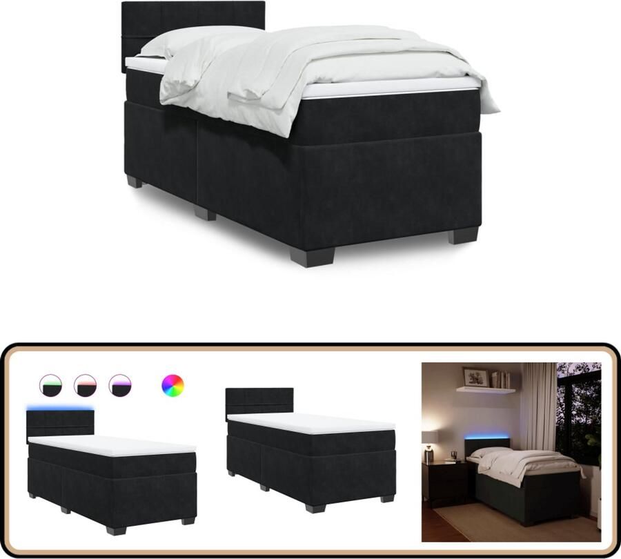VidaXL Boxspring met matras Fluweel Zwart 100x200 cm Boxspringbed Velvet Bed Tweepersoonsbed Slaapkamer Meubilair Led Licht Bed