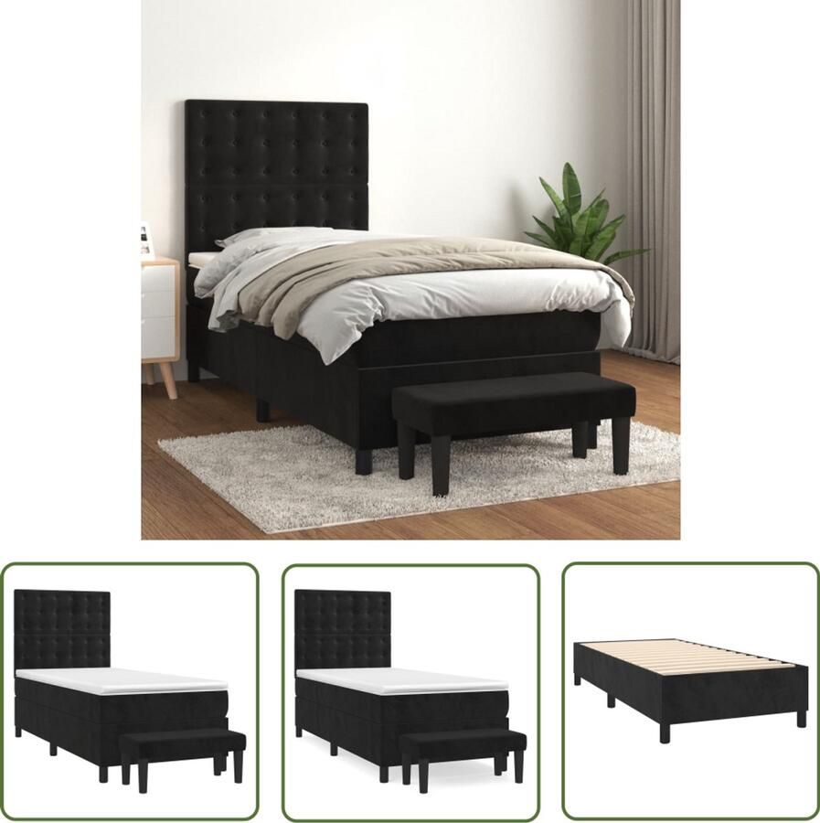 VidaXL Boxspring met matras Fluweel Zwart 90x200 cm Boxspringbed Boxspring Tweepersoonsbed Velvet Bed Zwarte Boxspring Adjustable Headboard Pocketveer Matras Medium Firm Mattress Multifunctional Bench