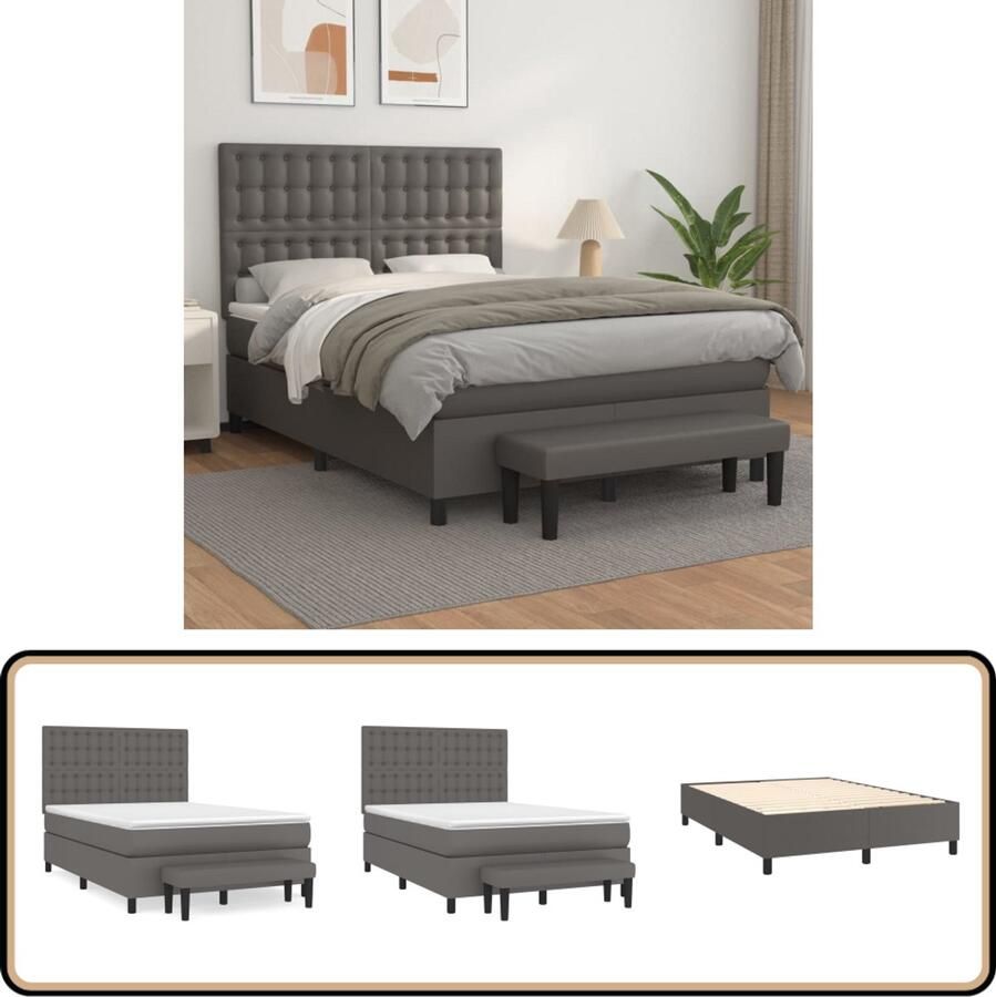 VidaXL Boxspring met Matras Grijs 140x190 cm Boxspring Slaapcomfort Kunstleder Bed Pocketveer Matras Hoofdboard