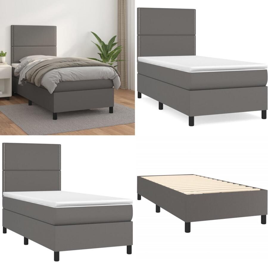 VidaXL Boxspring met matras kunstleer grijs 100x200 cm Boxspring Boxsprings Bed Slaapmeubel