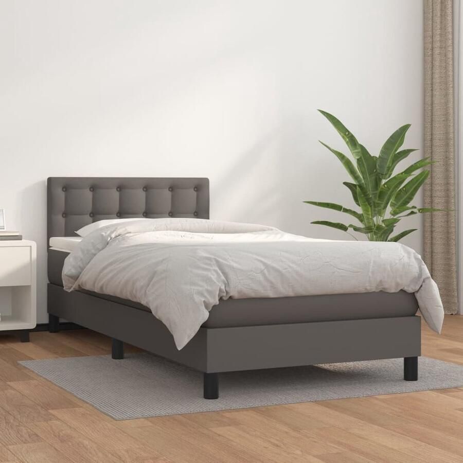 VidaXL Boxspring met matras Kunstleer Grijs 90x190 cm Boxspringbed Boxspring Slaapkamer Bed Frame Tweepersoonsbed Design Bed Modern Bed Grijze Bed Lederlook Bed - Foto 2