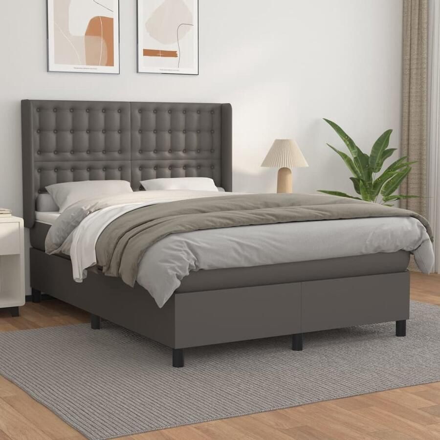 VidaXL Boxspring met Matras Kunstleer Grijs 140x190 Boxspringbed Boxsprings Lederlook Bed Elektrisch Verstelbare Hoofdbord Pocketveer Matras Middelhard Matras Tweepersoonsbed Grijs Bed - Foto 2