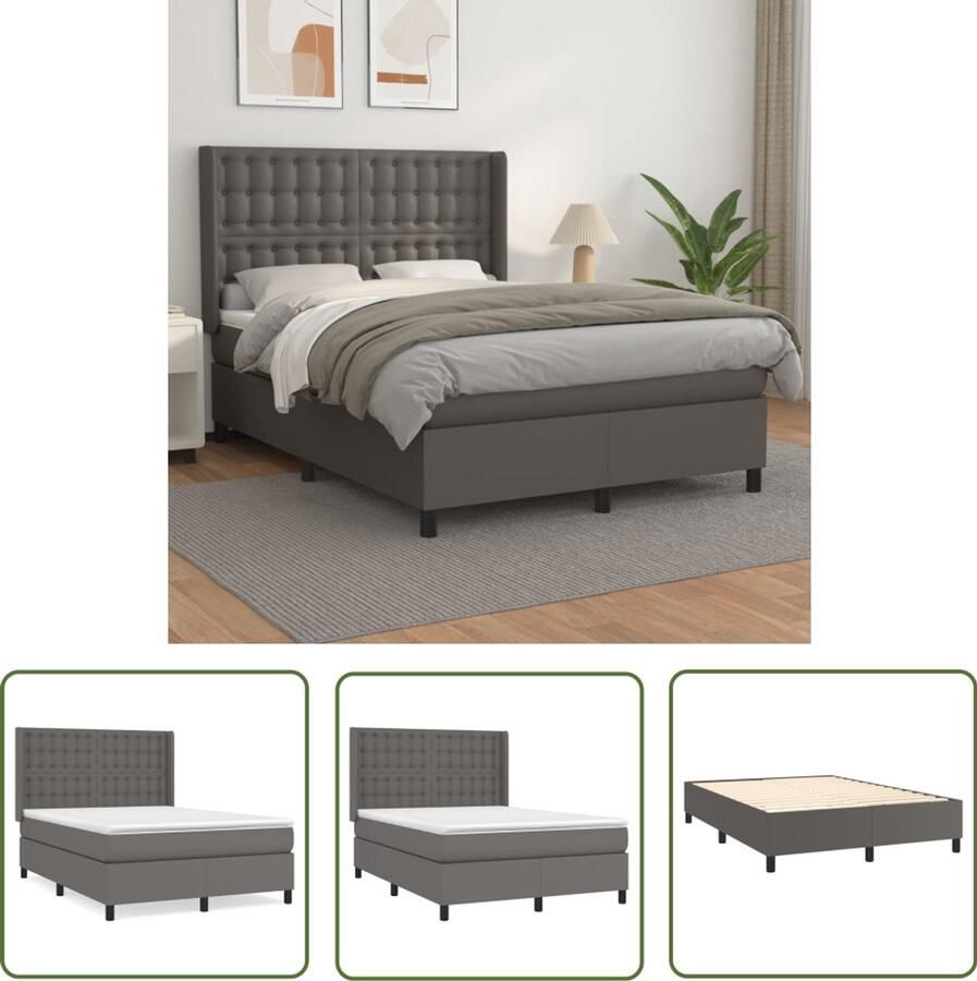 VidaXL Boxspring met Matras Kunstleer Grijs 140x190 Boxspringbed Boxsprings Lederlook Bed Elektrisch Verstelbare Hoofdbord Pocketveer Matras Middelhard Matras Tweepersoonsbed Grijs Bed