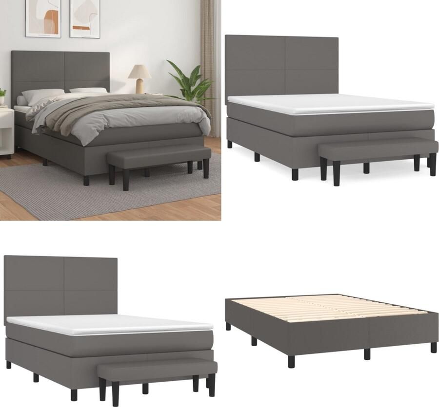 VidaXL Boxspring met matras kunstleer grijs 140x200 cm Boxspring Boxsprings Pocketveringbed Bed