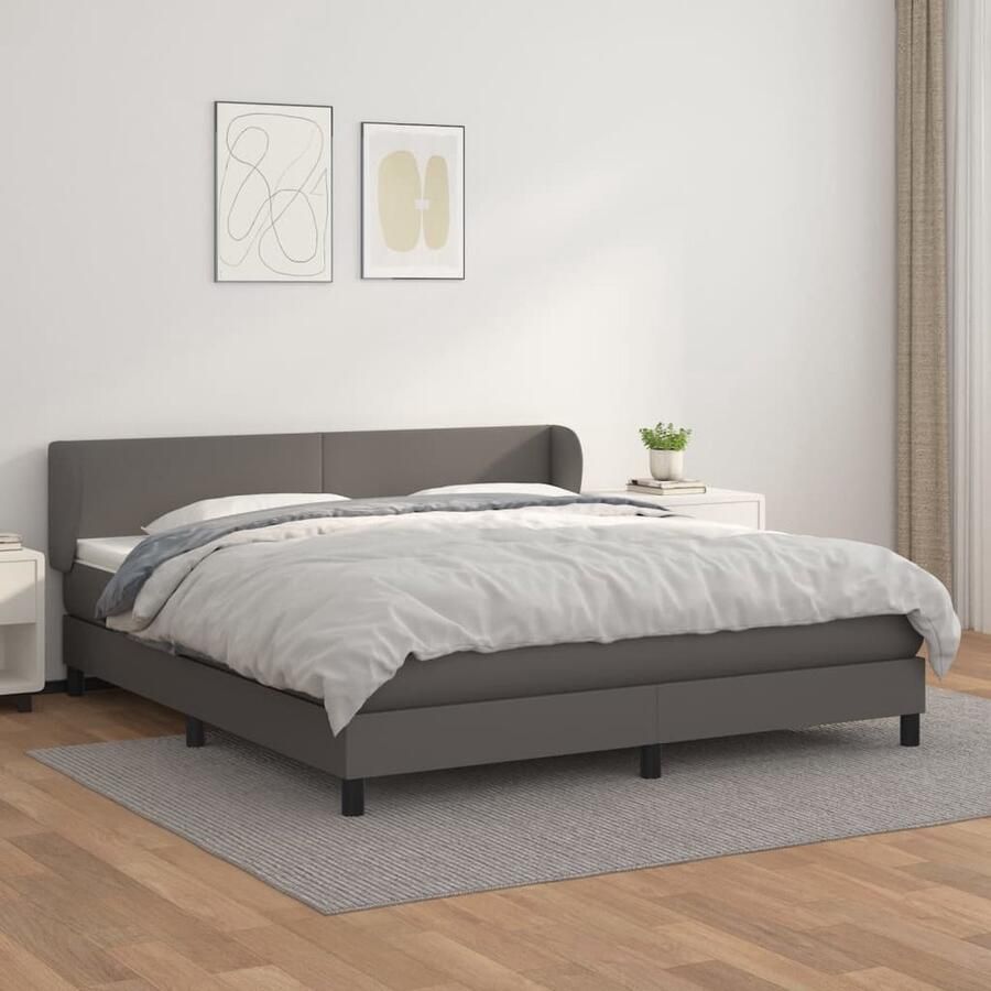 VidaXL Boxspring met matras Kunstleer Grijs 180x200 cm Boxspringbed Boxspring Bed Frame Tweepersoonsbed King Size Bed Lederlook Kunstleder Adjustable Headboard Pocketveer Matras Medium Firm Mattress Bedroom Furniture - Foto 2