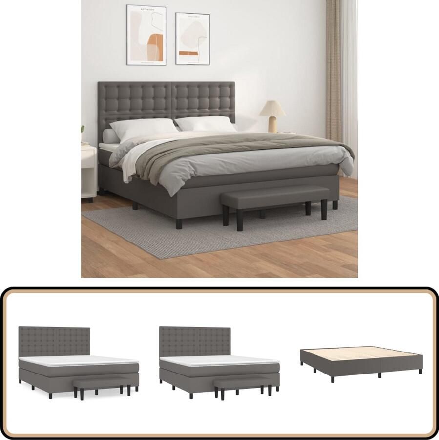 VidaXL Boxspring met matras Kunstleer Grijs 180x200 cm Boxspringbed Slaapcomfort Kunstleder Verstelbare Hoofdbord Pocketvering