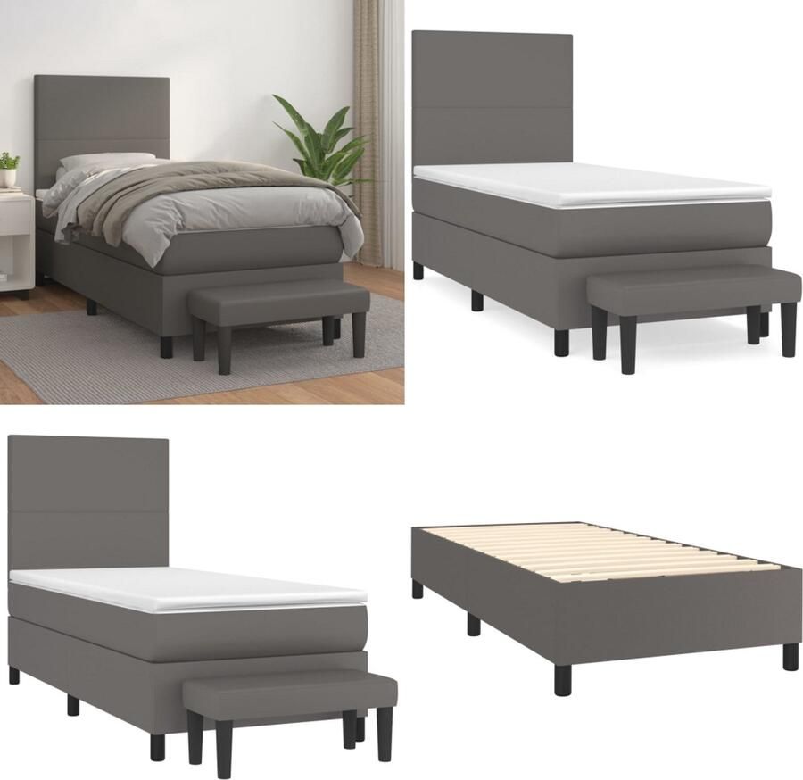 VidaXL Boxspring met matras kunstleer grijs 90x190 cm Boxspring Boxsprings Pocketveringbed Bed