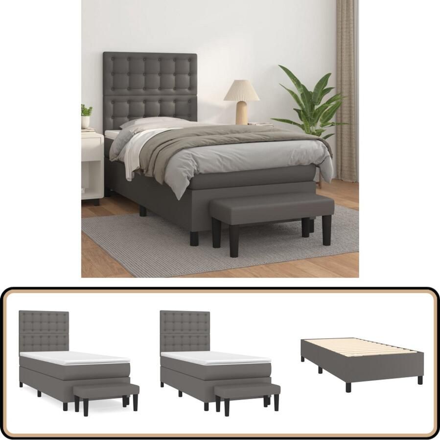 VidaXL Boxspring Kunstleer Grijs 90x200 cm Boxspringbed Slaapcomfort Kunstleder Hoofdboard Pocketvering Middelduur