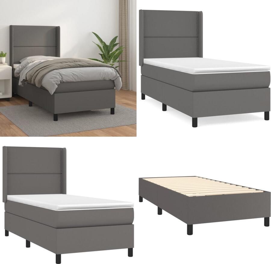 VidaXL Boxspring met matras kunstleer grijs 90x200 cm Boxspring Boxsprings Bed Slaapmeubel