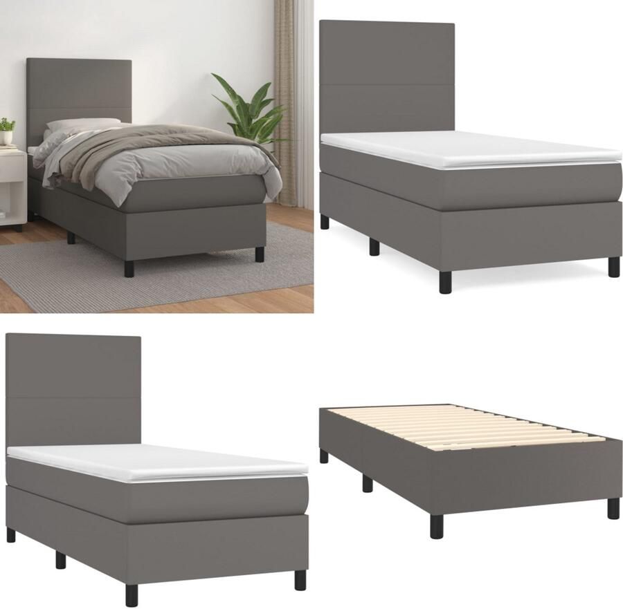 VidaXL Boxspring met matras kunstleer grijs 90x200 cm Boxspring Boxsprings Bed Slaapmeubel