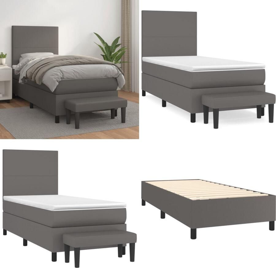 VidaXL Boxspring met matras kunstleer grijs 90x200 cm Boxspring Boxsprings Pocketveringbed Bed