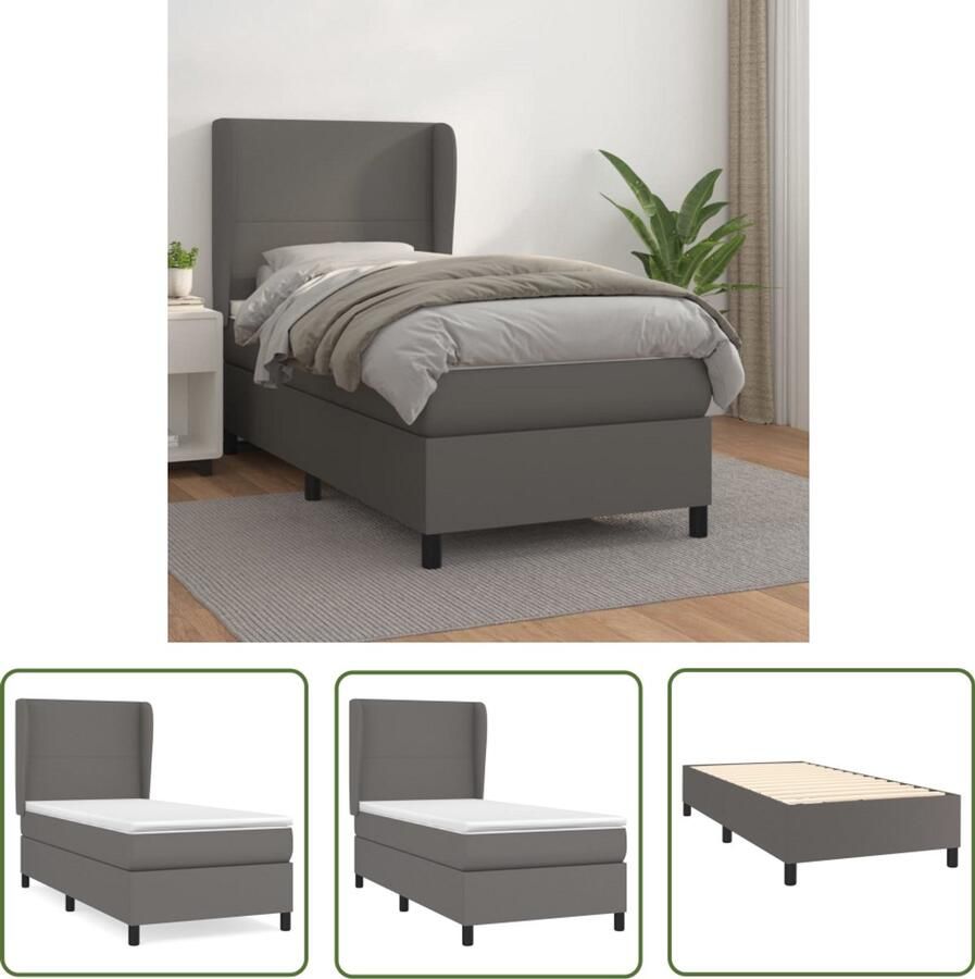 VidaXL Boxspring met matras Kunstleer Grijs 90x200 cm Boxspringbed Kunstleder Bed Frame Pocketvering Matras Middenhard Grijs
