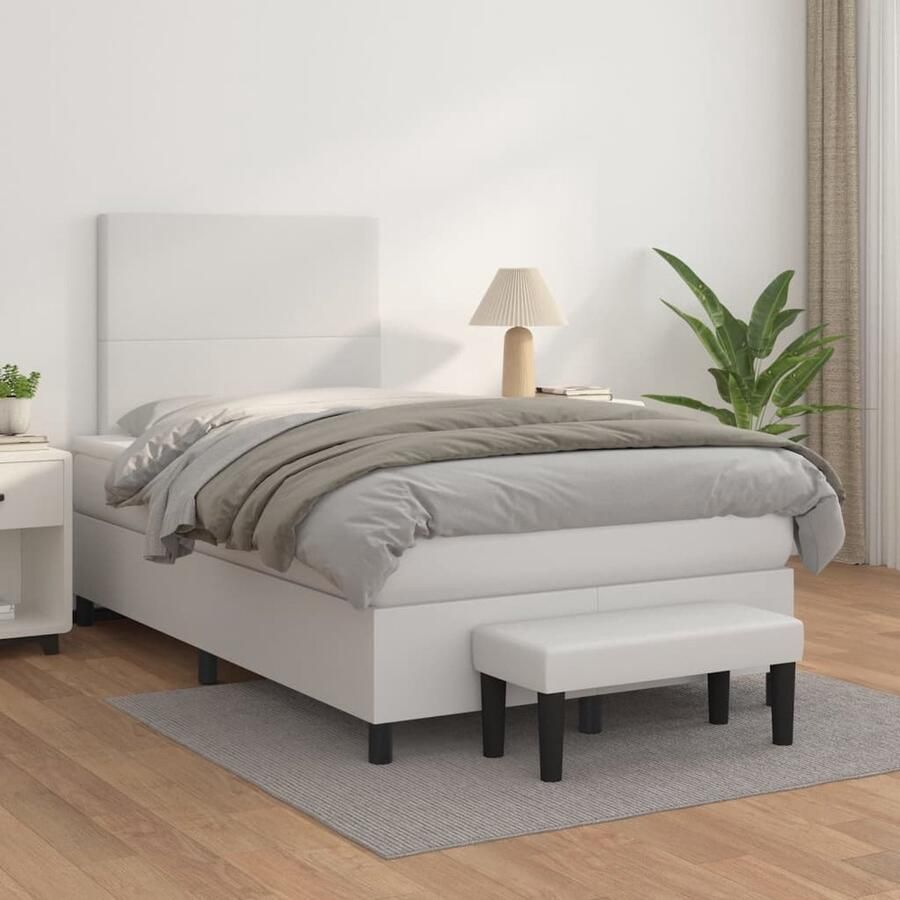 VidaXL Boxspring met Matras Kunstleer Wit 120x200 cm Boxspringbed Slaapcomfort Kunstleder Verstelbare Hoofdbord Pocketvering Matras Middelduur Huideenvriendelijk Multifunctionele Bank - Foto 2