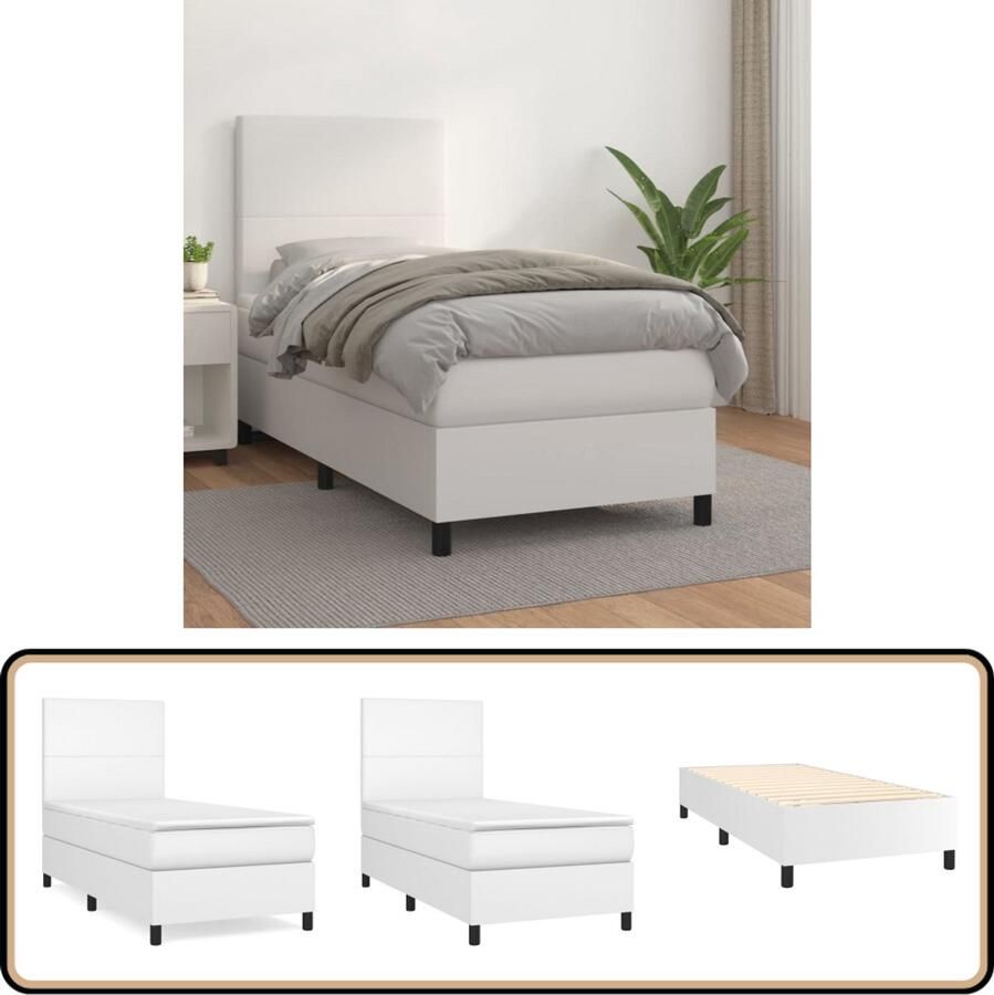 VidaXL Boxspring Kunstleer Wit 100x200 cm Inclusief Matras Boxspringbed Kunstleder Bed Pocketveer Matras Middenhard Matras Slaapkamer Meubels
