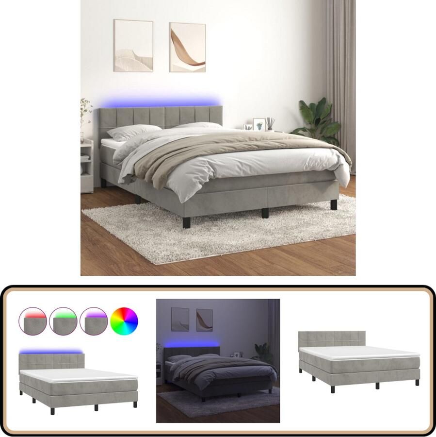 VidaXL Boxspring met matras LED 140x200 cm Lichtgrijs Boxspring Fluweel Bed Led Bed Pocketed Spring Mattress Adjustable Headboard Bedroom Furniture