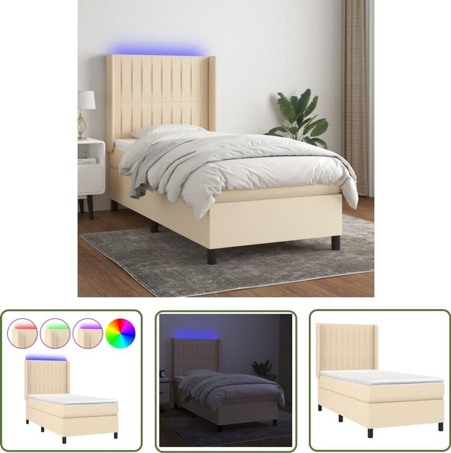 VidaXL Boxspring met matras en LED 100x200 cm crème Boxspring Led Lamp Pocketveer Matras Creme Kleurig Slaapcomfort Hoofdbord Bedroom Furniture