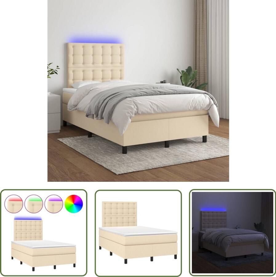 VidaXL Boxspring met matras LED crème 120x200 cm Boxspring Led Bed Creme Bed Tweepersoons Bed Pocketed Spring Mattress Adjustable Headboard