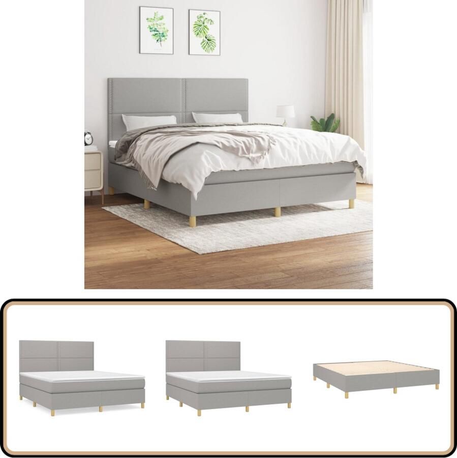 VidaXL Boxspring Lichtgrijs 160x200 cm Inclusief Matras Boxspringbed Boxspring Slaapkamerinrichting Tweepersoonsbed Grijs Bed Pocketed Spring Mattress Adjustable Headboard Medium Firm Mattress