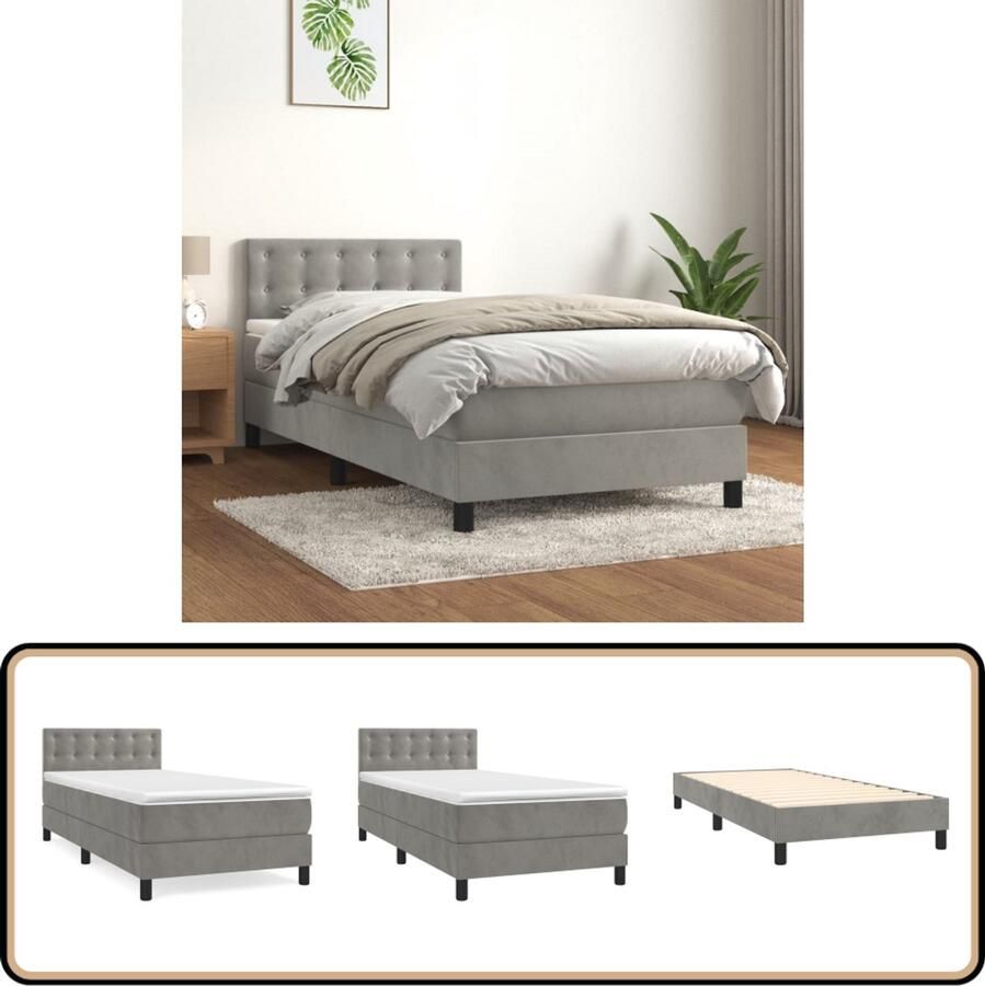 VidaXL Boxspring met matras lichtgrijs 90x200 cm Boxspring Boxspringbed Fluweel Bed Tweepersoons Bed Pocketveer Matras Middenhard Matras Grijs Bed
