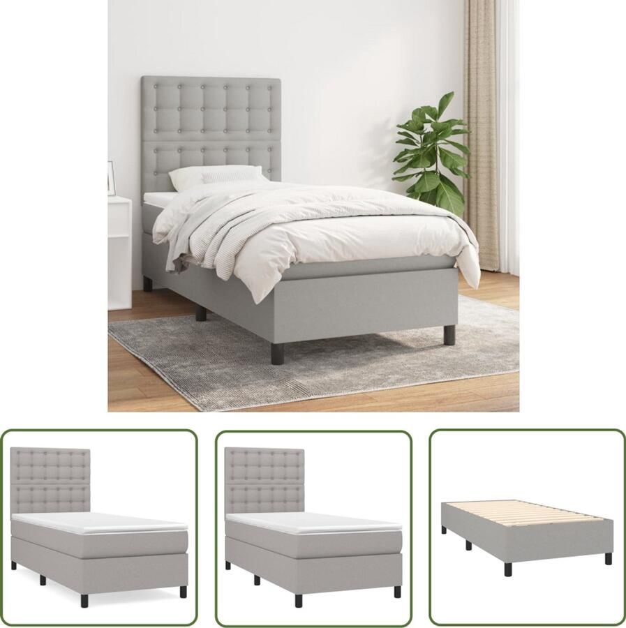 VidaXL Boxspring met matras lichtgrijs 90x200 cm Boxspring Boxspringbed Pocketed Spring Mattress Grijs Bed Tweepersoons Bed Stapelbare Bedden Adjustable Headboard Bedroom Furniture