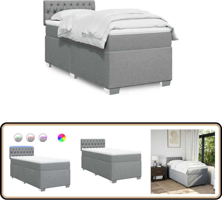 VidaXL Boxspring met matras Lichtgrijs 90x200 cm Boxspringbed Slaapkamerinrichting Tweepersoonsbed Grijs Bed Led Lampjes