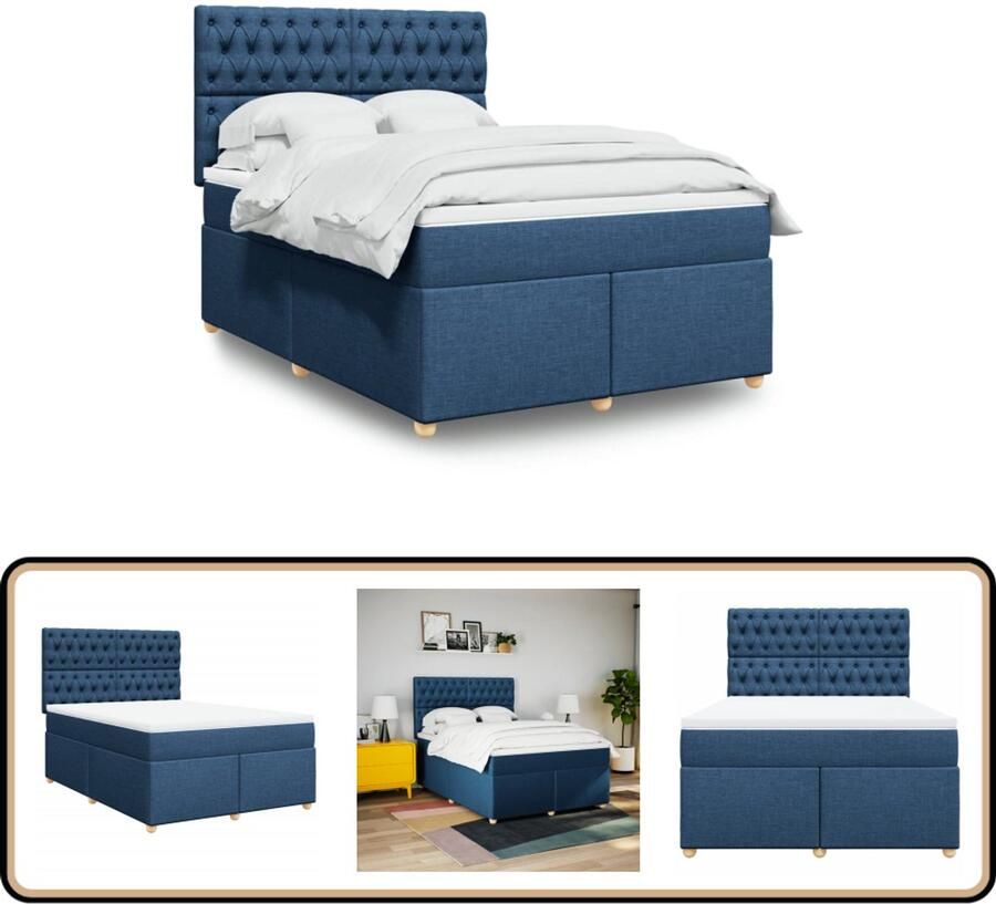 VidaXL Boxspring met matras Stof Blauw 140x200 cm Boxspring Tweepersoonsbed Slaapcomfort Matras Frame